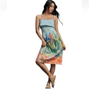 Anthropologie Floral Print Sleeveless Spaghetti Strap Knee Length Dress Size: S